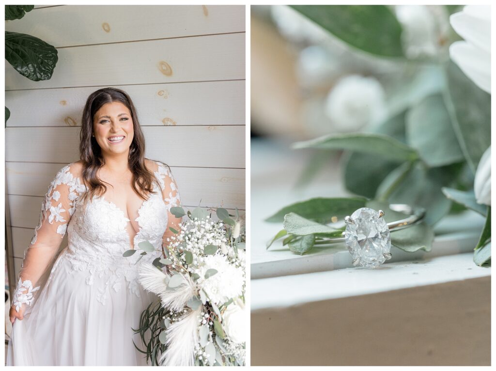 The left image is a bride smiling at the wedding photographer. The right image is a close up photo of an engagement right sitting on a window sill with leaves.