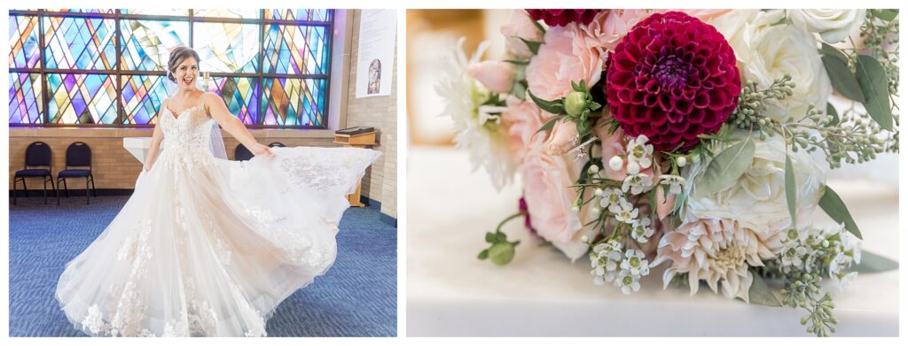 Left Image: Bride twirling in a wedding dress in front of a stained glass church window, smiling at wedding photographer
Right Image: Close up photo of a wedding bouquet