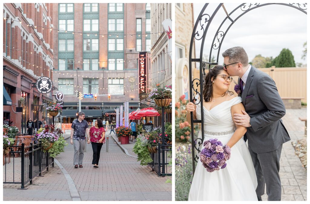 Left: Couple walking down a street looking at each other.
Right: Groom standing behind a bride wedding photograph and kissing her on the forehead while she leans on a black metal arch in a garden